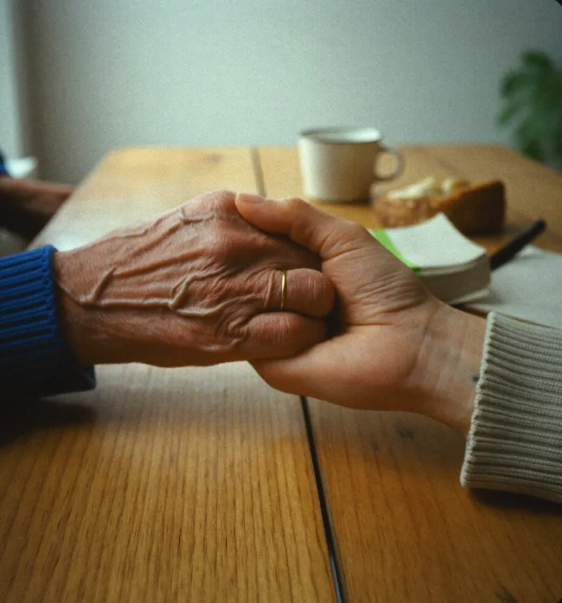 Dos manos se toman sobre una mesa de madera