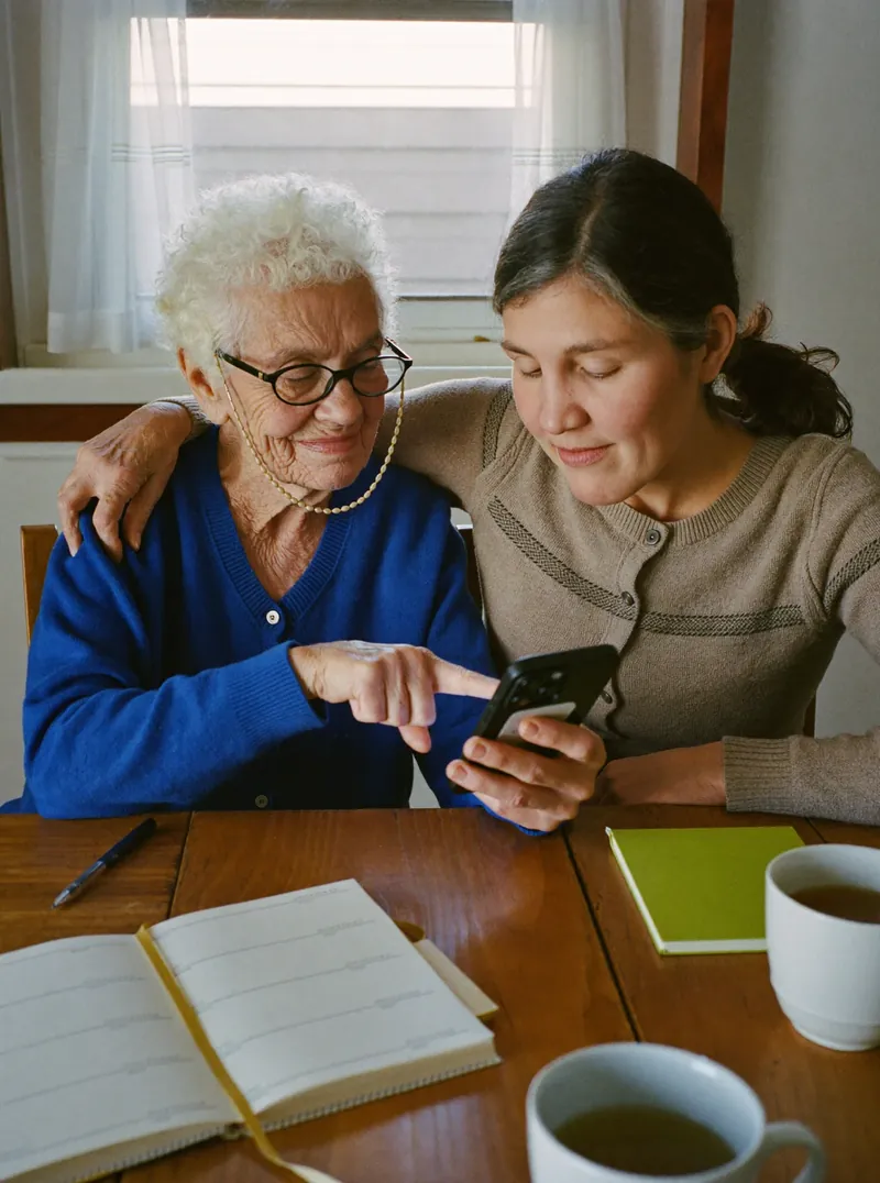 Una mujer mayor y su hija revisan juntas un teléfono junto a una libreta